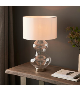 Kelda Shaped Table Lamp with Round Shade Bright Nickel Plate, Clear Glass With Vintage White Fabric, 1x E27