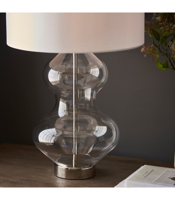 Kelda Shaped Table Lamp with Round Shade Bright Nickel Plate, Clear Glass With Vintage White Fabric, 1x E27