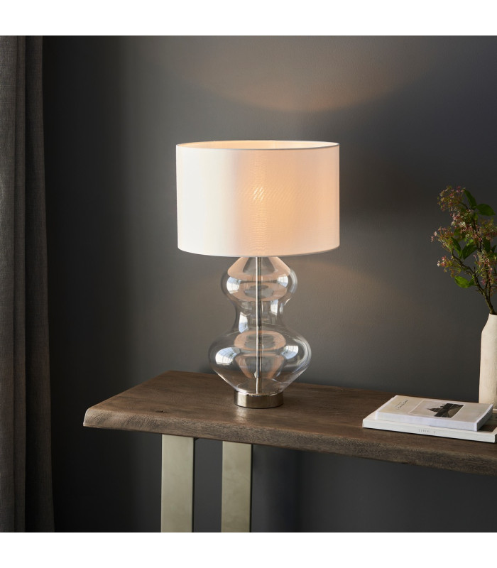 Kelda Shaped Table Lamp with Round Shade Bright Nickel Plate, Clear Glass With Vintage White Fabric, 1x E27