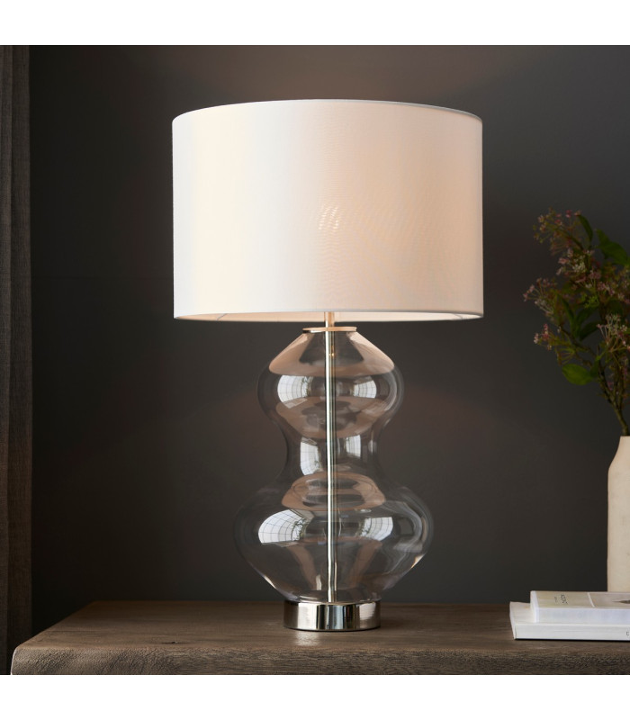 Kelda Shaped Table Lamp with Round Shade Bright Nickel Plate, Clear Glass With Vintage White Fabric, 1x E27