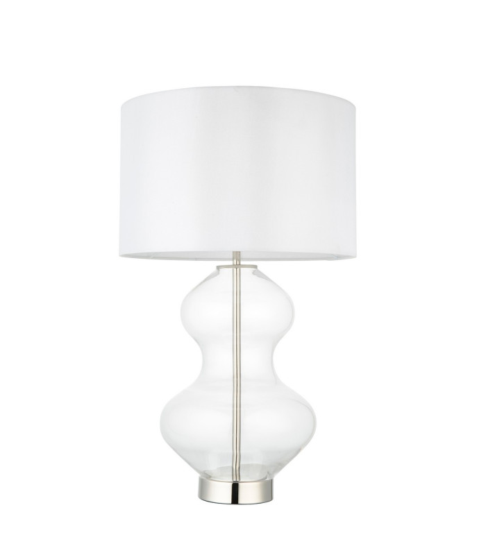 Kelda Shaped Table Lamp with Round Shade Bright Nickel Plate, Clear Glass With Vintage White Fabric, 1x E27