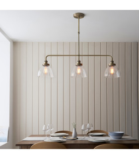 Hansen Bar Pendant Ceiling Light Antique Brass Plate, Clear Glass, 3x E27