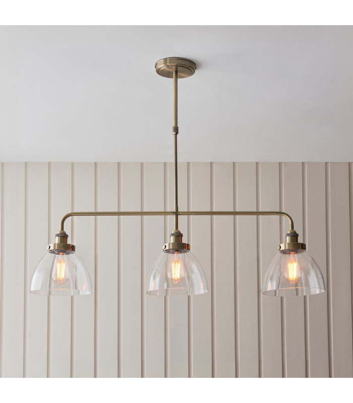 Hansen Bar Pendant Ceiling Light Antique Brass Plate, Clear Glass, 3x E27