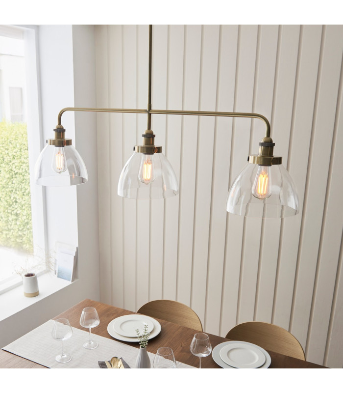Hansen Bar Pendant Ceiling Light Antique Brass Plate, Clear Glass, 3x E27