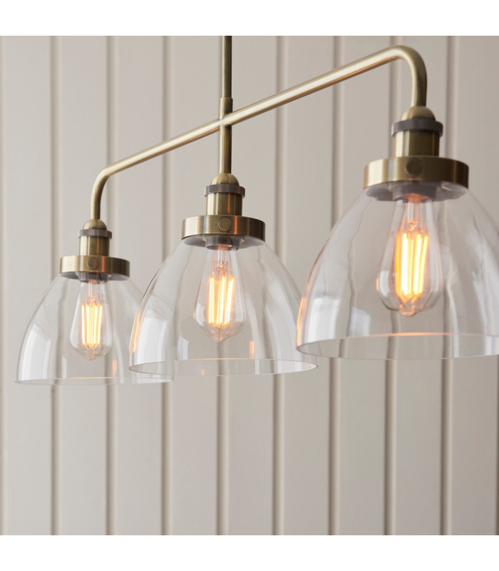 Hansen Bar Pendant Ceiling Light Antique Brass Plate, Clear Glass, 3x E27