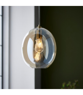 Kelda Oval Dome Pendant Ceiling Light Satin Brass Plate, Champagne Lustre Glass, 1x E27