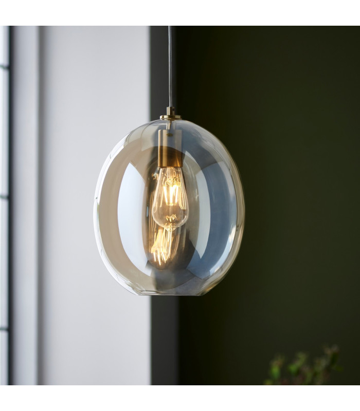 Kelda Oval Dome Pendant Ceiling Light Satin Brass Plate, Champagne Lustre Glass, 1x E27
