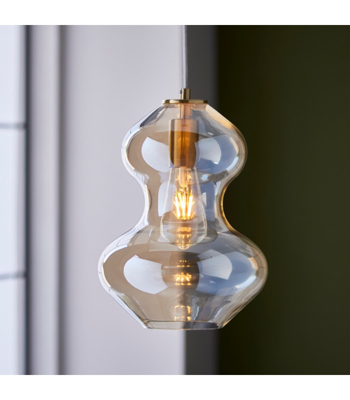Kelda Shaped Dome Pendant Ceiling Light Satin Brass Plate, Champagne Lustre Glass, 1x E27