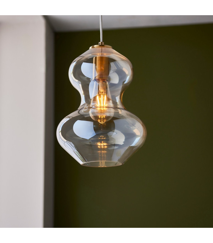 Kelda Shaped Dome Pendant Ceiling Light Satin Brass Plate, Champagne Lustre Glass, 1x E27