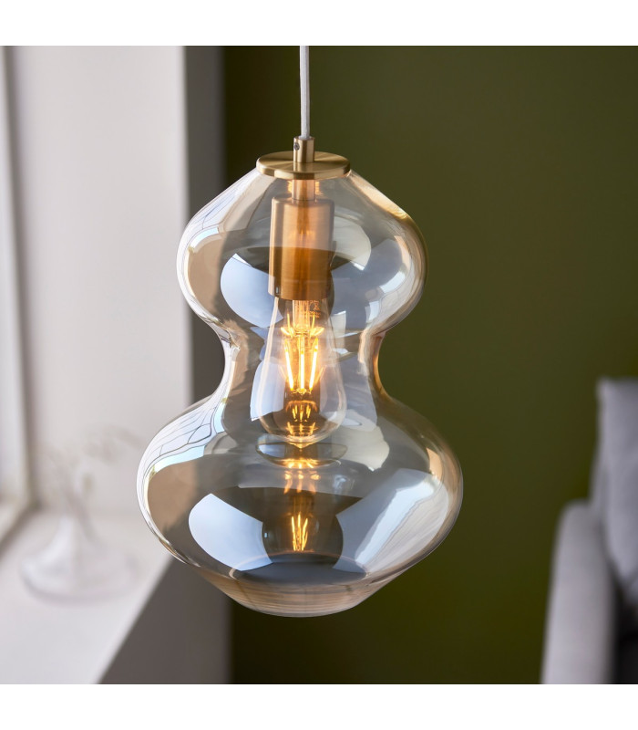 Kelda Shaped Dome Pendant Ceiling Light Satin Brass Plate, Champagne Lustre Glass, 1x E27