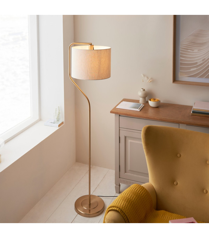 Clement Floor Lamp with Shade Br Aged Brass Plate, Natural Linen Mix Fabric, 1x E27