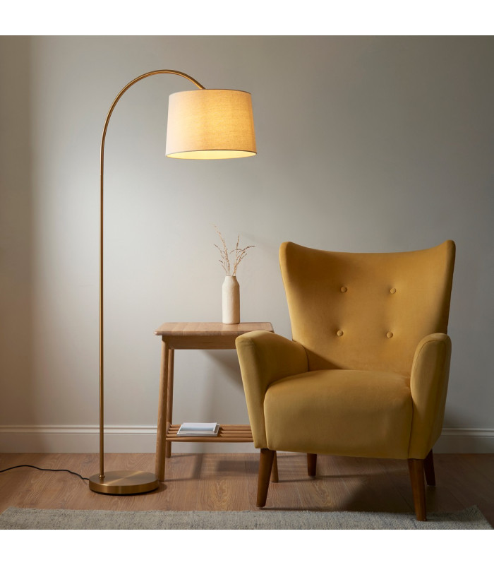 Carlson Arc Floor Lamp Warm Brass Plate, Natural Fabric, 1x E27
