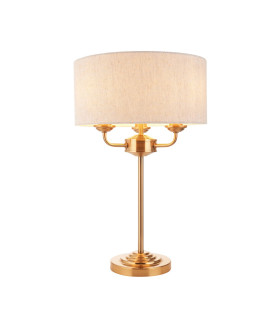 Highclere Table Lamp with Round Shade Vintage Brass, Natural Linen, 3x E14