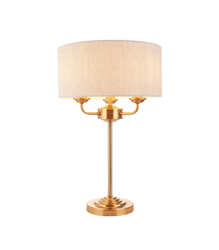 Highclere Table Lamp with Round Shade Vintage Brass, Natural Linen, 3x E14