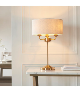 Highclere Table Lamp with Round Shade Vintage Brass, Natural Linen, 3x E14
