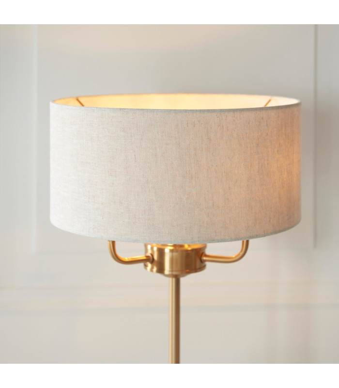 Highclere Table Lamp with Round Shade Vintage Brass, Natural Linen, 3x E14