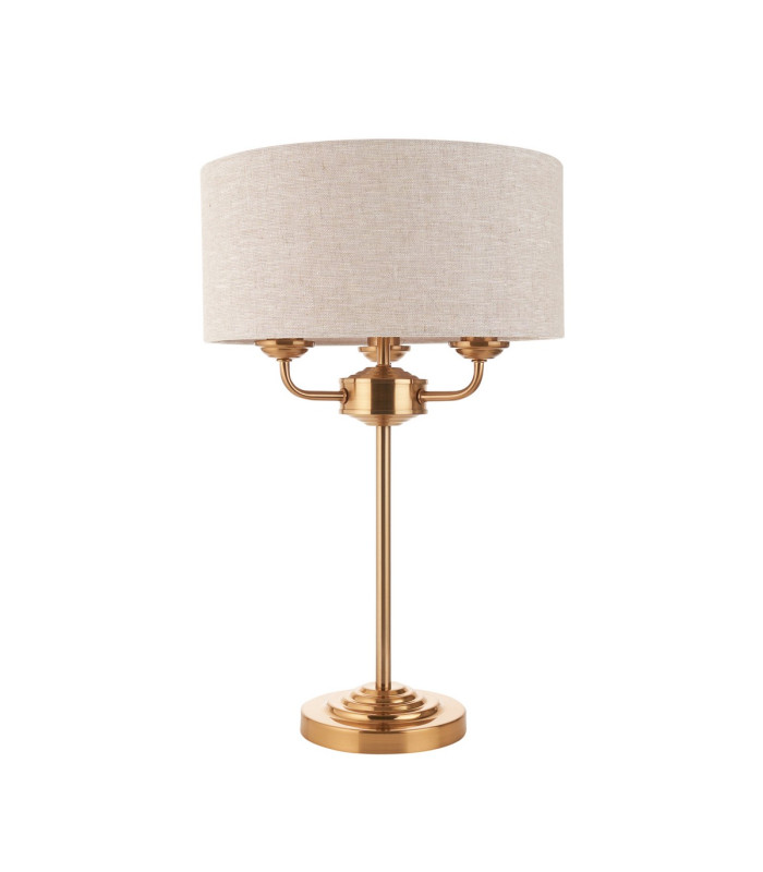 Highclere Table Lamp with Round Shade Vintage Brass, Natural Linen, 3x E14