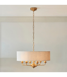 Highclere Multi Arm Pendant Ceiling Light Vintage Brass, Natural Linen, 6x E14