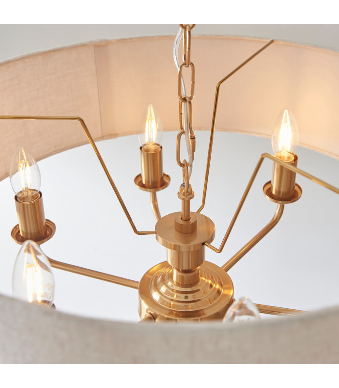Highclere Multi Arm Pendant Ceiling Light Vintage Brass, Natural Linen, 6x E14