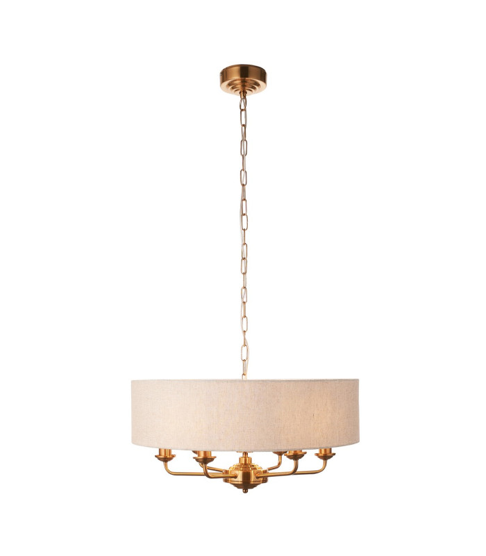 Highclere Multi Arm Pendant Ceiling Light Vintage Brass, Natural Linen, 6x E14