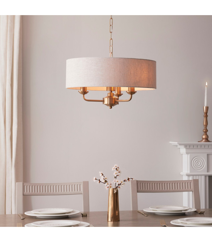 Highclere Multi Arm Pendant Ceiling Light Vintage Brass, Natural Linen, 3x E14