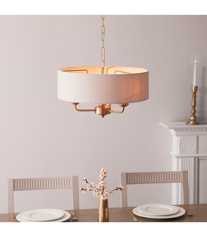 Highclere Multi Arm Pendant Ceiling Light Vintage Brass, Natural Linen, 3x E14