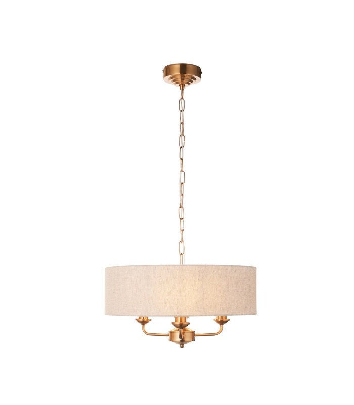 Highclere Multi Arm Pendant Ceiling Light Vintage Brass, Natural Linen, 3x E14