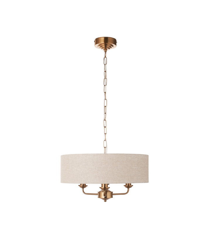 Highclere Multi Arm Pendant Ceiling Light Vintage Brass, Natural Linen, 3x E14