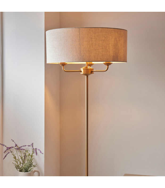 Highclere Floor Lamp with Shade Vintage Brass, Natural Linen, 3x E14