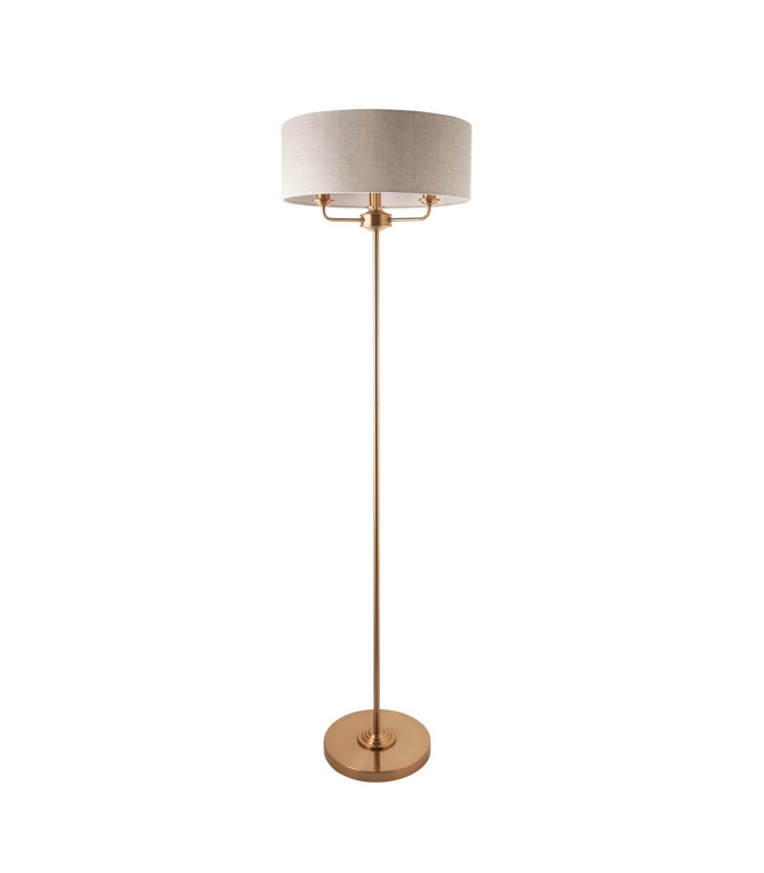Highclere Floor Lamp with Shade Vintage Brass, Natural Linen, 3x E14