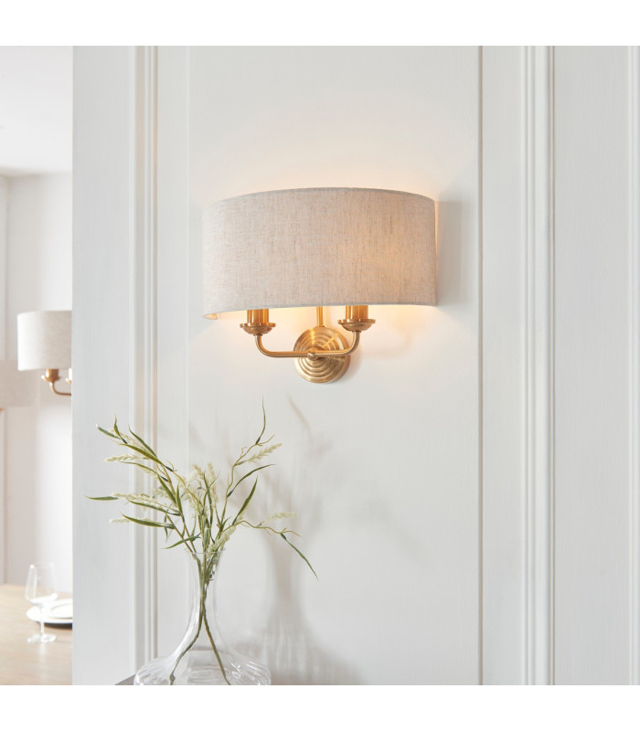 Highclere Wall Lamp with Shade Vintage Brass, Natural Linen, 2x E14