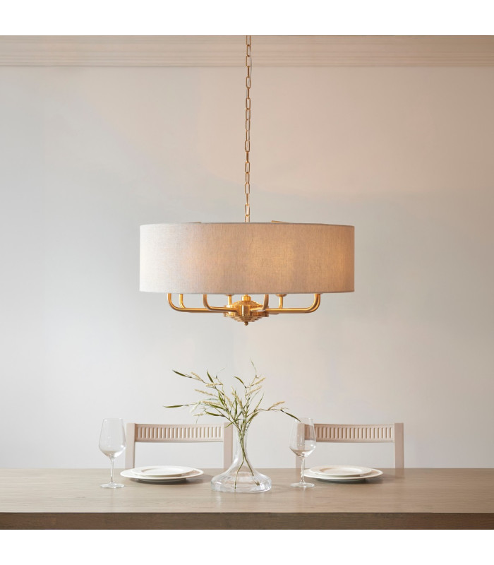 Highclere Multi Arm Pendant Ceiling Light Vintage Brass, Natural Linen, 8x E14