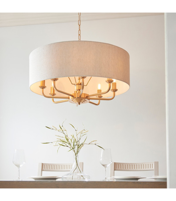Highclere Multi Arm Pendant Ceiling Light Vintage Brass, Natural Linen, 8x E14