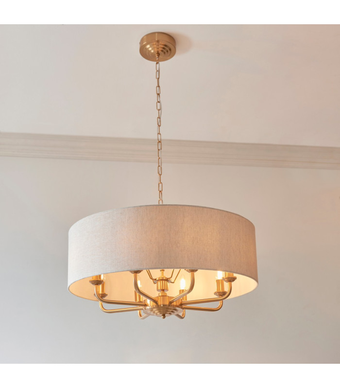 Highclere Multi Arm Pendant Ceiling Light Vintage Brass, Natural Linen, 8x E14