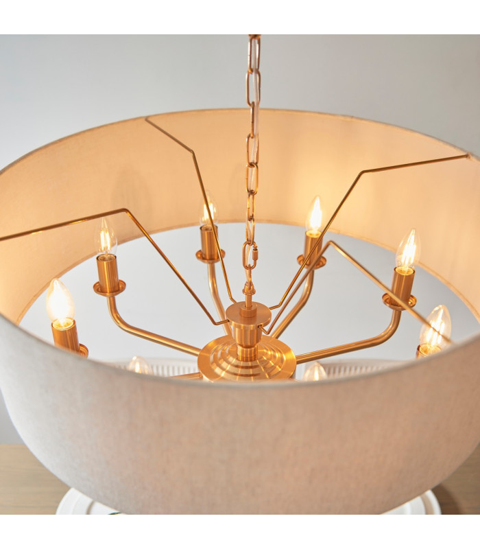 Highclere Multi Arm Pendant Ceiling Light Vintage Brass, Natural Linen, 8x E14