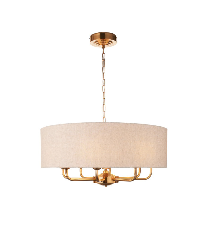 Highclere Multi Arm Pendant Ceiling Light Vintage Brass, Natural Linen, 8x E14