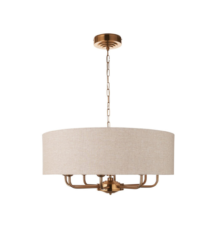 Highclere Multi Arm Pendant Ceiling Light Vintage Brass, Natural Linen, 8x E14