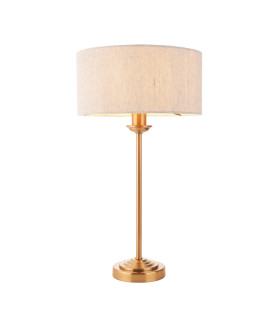 Highclere Table Lamp with Round Shade Vintage Brass, Natural Linen, 1x E14