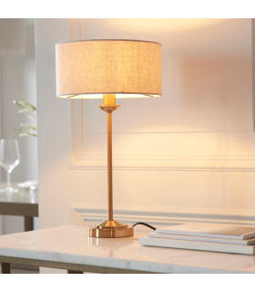 Highclere Table Lamp with Round Shade Vintage Brass, Natural Linen, 1x E14
