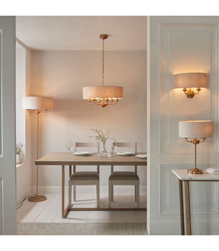 Highclere Table Lamp with Round Shade Vintage Brass, Natural Linen, 1x E14