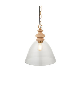 Cotswold Dome Pendant Ceiling Light Natural Ash, Brushed Aged Brass Plate, Clear Glass , 1x E27