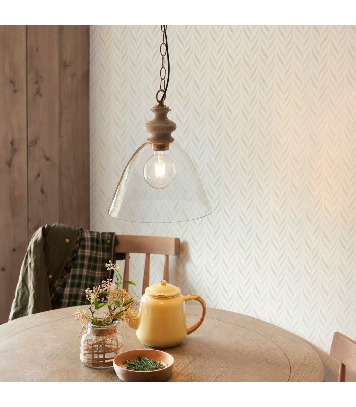 Cotswold Dome Pendant Ceiling Light Natural Ash, Brushed Aged Brass Plate, Clear Glass , 1x E27