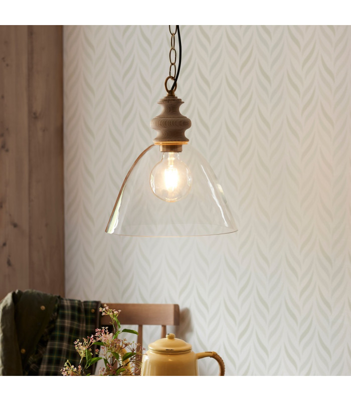 Cotswold Dome Pendant Ceiling Light Natural Ash, Brushed Aged Brass Plate, Clear Glass , 1x E27