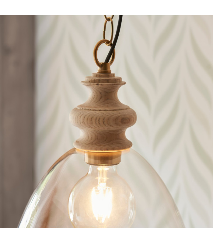 Cotswold Dome Pendant Ceiling Light Natural Ash, Brushed Aged Brass Plate, Clear Glass , 1x E27
