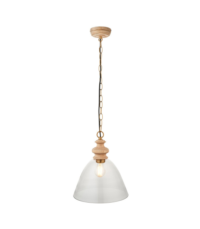 Cotswold Dome Pendant Ceiling Light Natural Ash, Brushed Aged Brass Plate, Clear Glass , 1x E27