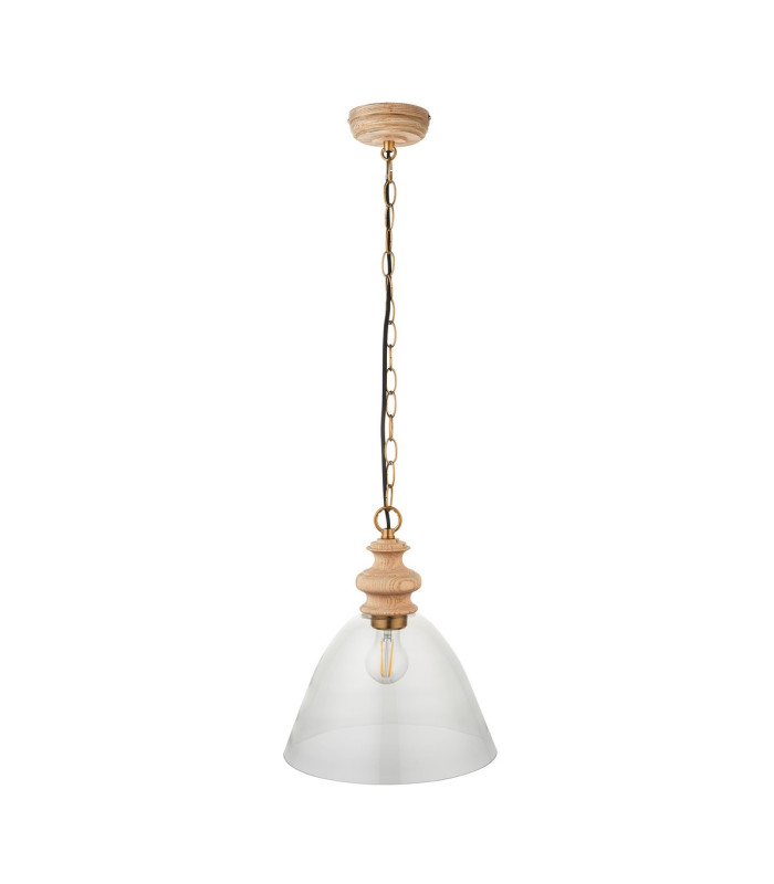 Cotswold Dome Pendant Ceiling Light Natural Ash, Brushed Aged Brass Plate, Clear Glass , 1x E27