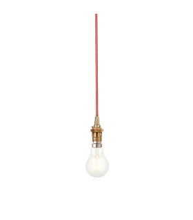Eltham Slim Pendant Ceiling Light Brushed Aged Brass Plate, Red Flex, 1x B22