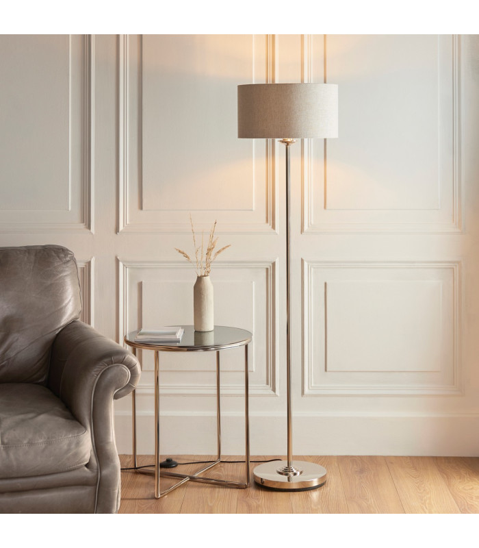 Highclere Floor Lamp with Shade Brushed Chrome Plate, Natural Linen, 1x E27