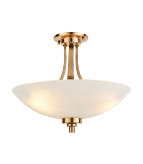 Welles Bowl Semi Flush Ceiling Light Brushed Aged Brass Plate, White Glass, 3x E27