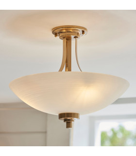 Welles Bowl Semi Flush Ceiling Light Brushed Aged Brass Plate, White Glass, 3x E27
